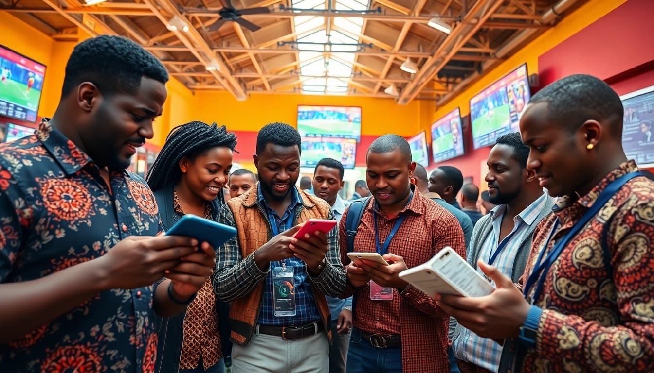 Engaging atmosphere showcasing Africa sports betting news with diverse bettors analyzing statistics.