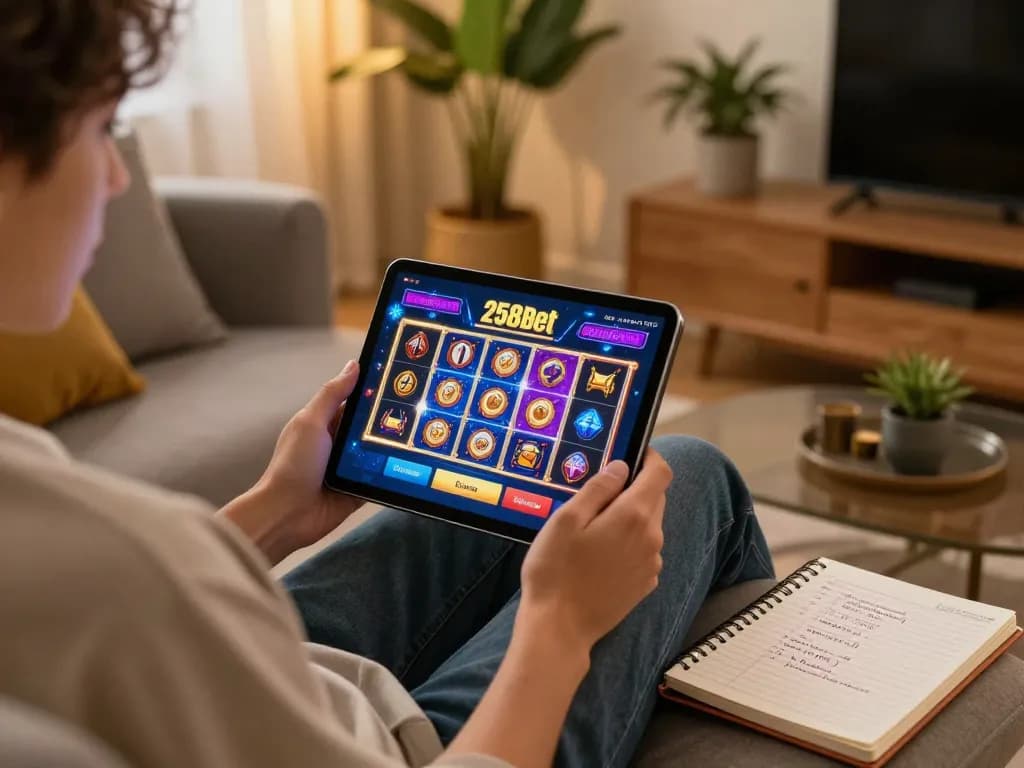 Engaging with the 258bet casino app on a tablet in a cozy living room for strategic online gaming.