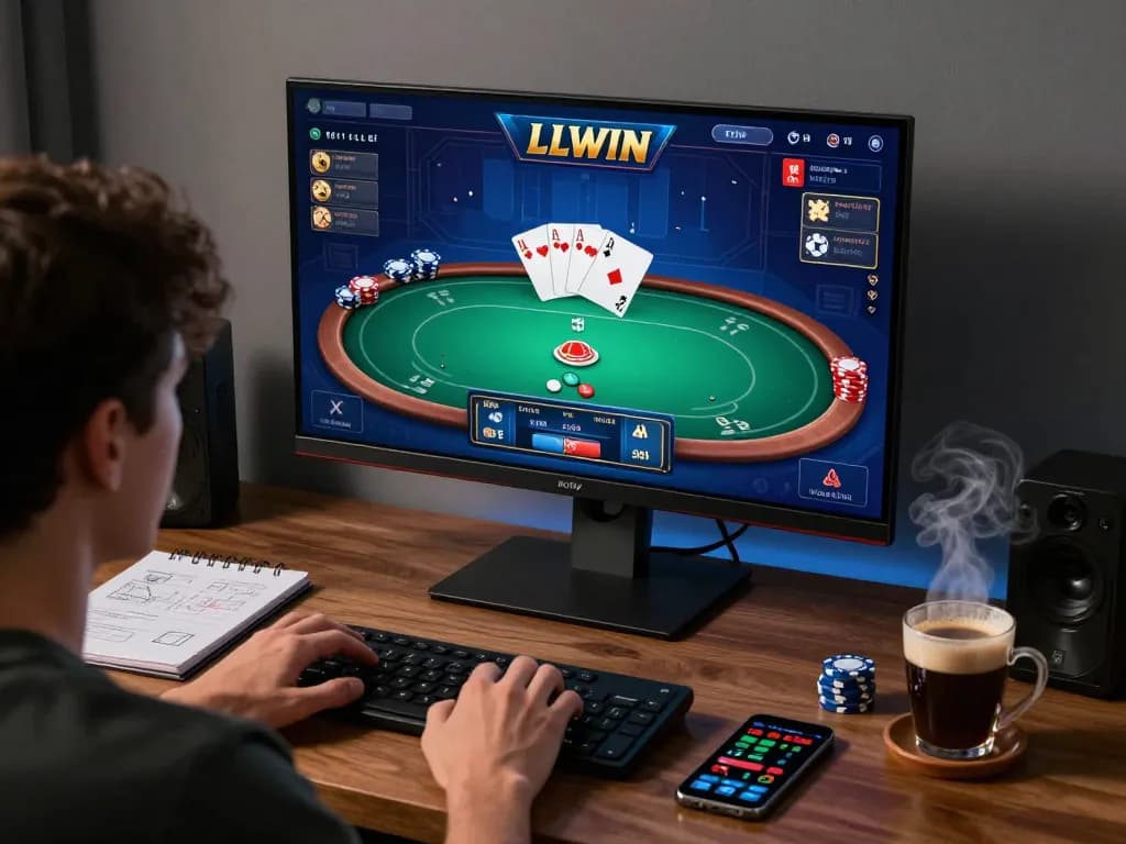Player enjoying LLWIN poker game on high-res monitor, creating an engaging online gaming atmosphere.