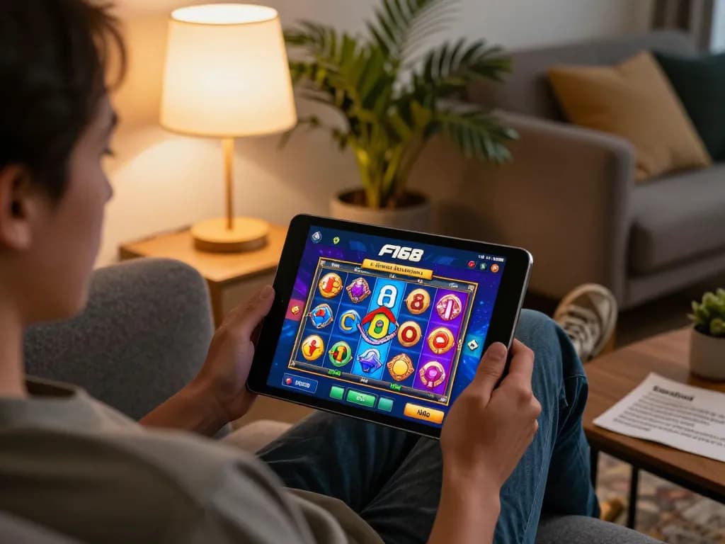 Player enjoying F168's casino app on a tablet, showcasing interactive gameplay in a cozy home setting.