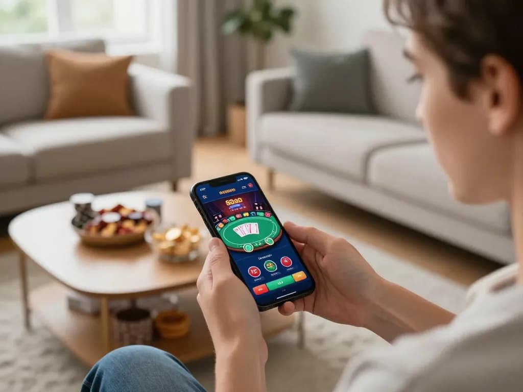 Engaging with 88aa mobile app for online gambling in a stylish living room