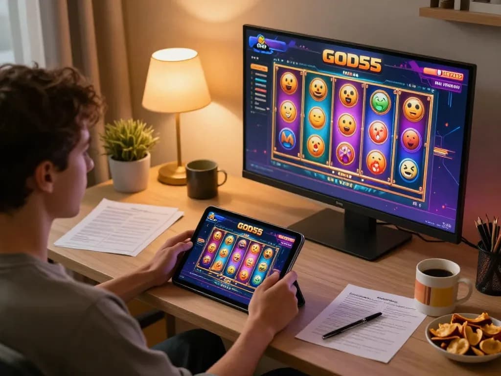 Playing slots on the God55 app with engaging gameplay and cozy home atmosphere.