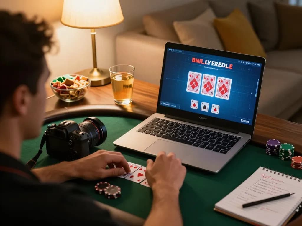 Pemain yang terlibat menikmati poker online di master88, catatan dan camilan terlihat di pengaturan yang nyaman.