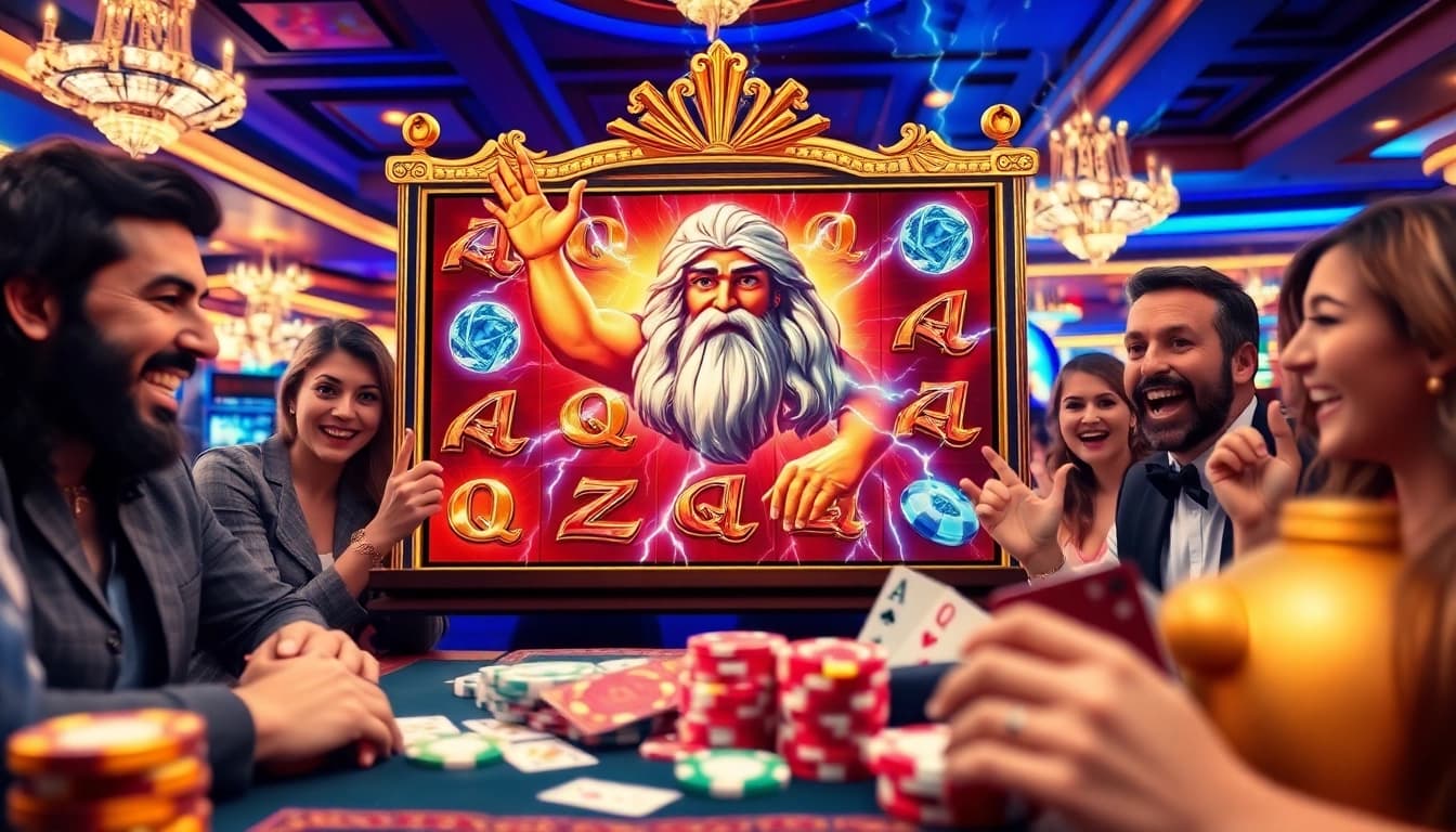 Pemain menikmati mesin slot Zeus di lingkungan kasino mewah, dipenuhi dengan semangat dan antisipasi.
