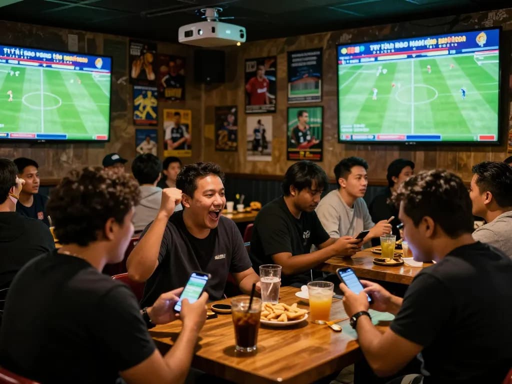 Patrons immersed in sports betting analyzing tỷ lệ kèo nhà cái hôm nay at a vibrant sports bar.