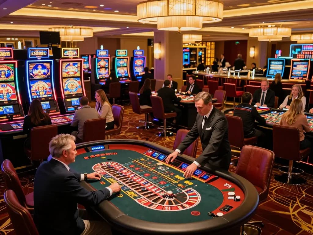 Players enjoying vibrant slot machines and roulette tables at GO8 casino with energetic ambiance