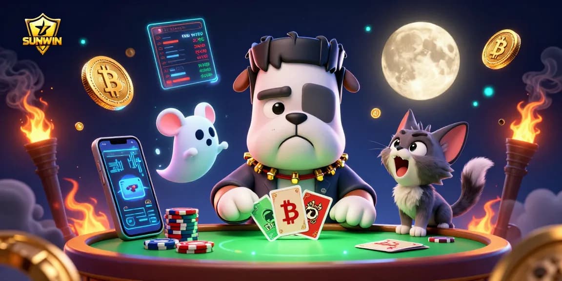 SUNWIN entices players with immersive casino action featuring a Frankenstein bulldog and a ghost mouse at the table.