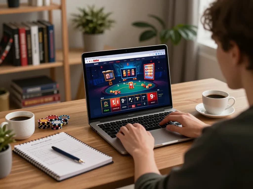 Engaged player using 99Win for online casino gaming in a modern home office setting