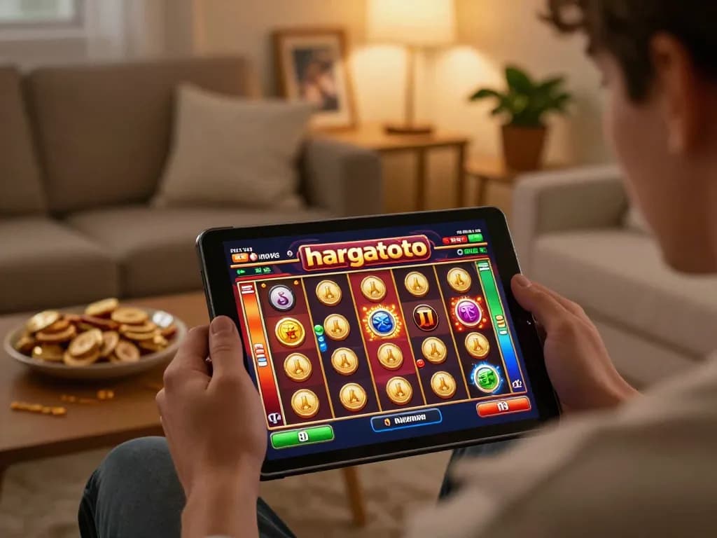 Pemain menikmati permainan slot online hargatoto di tablet di ruang tamu yang nyaman.