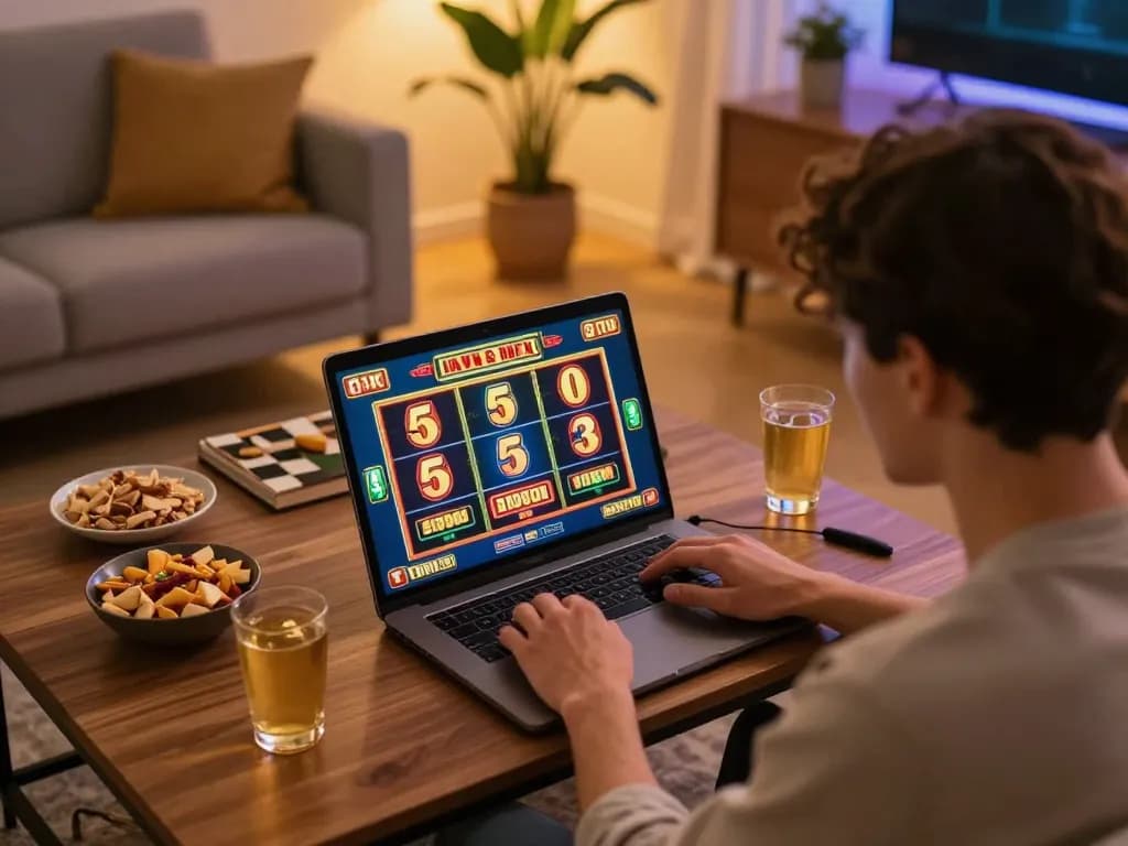 Engaging in a slot 5k online gaming session, showcasing excitement in a cozy atmosphere.