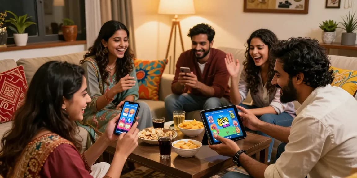 Friends enjoying 3 Patti Loot gameplay, showcasing the app Link on smartphone in a cozy living room setting.