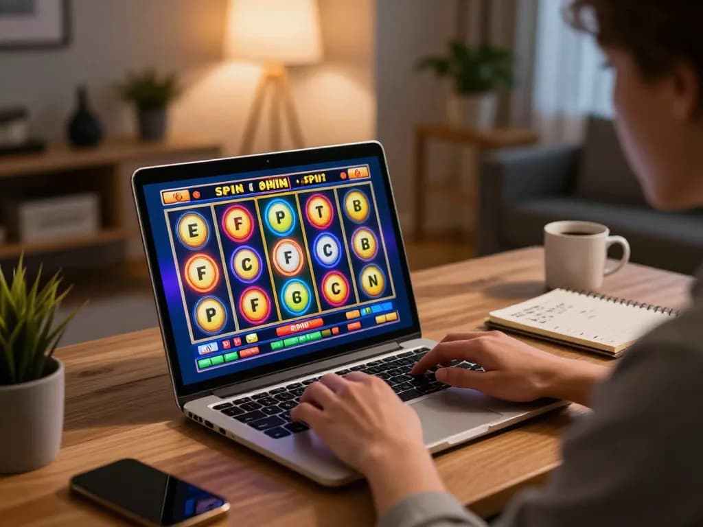 Engaged in playing slot online with colorful screen and personal strategy notes nearby