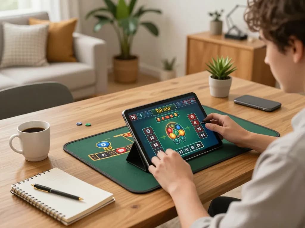 Tài xỉu online gameplay on tablet in a cozy living space with ambient lighting.