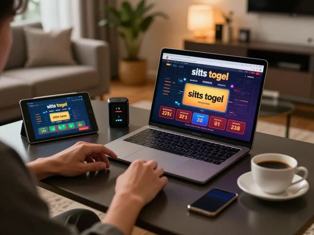 Terlibat dalam taruhan situs togel sambil menikmati suasana rumah yang nyaman dengan pengaturan laptop yang elegan.