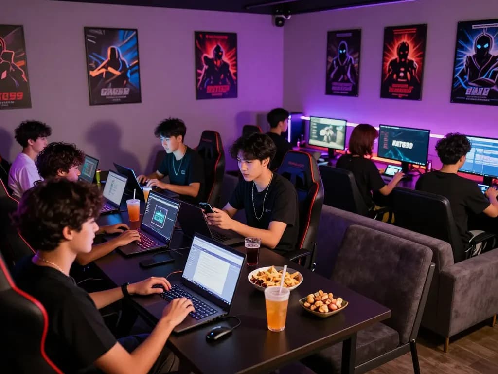 RATU99 gaming lounge with diverse players enjoying social gaming experience.