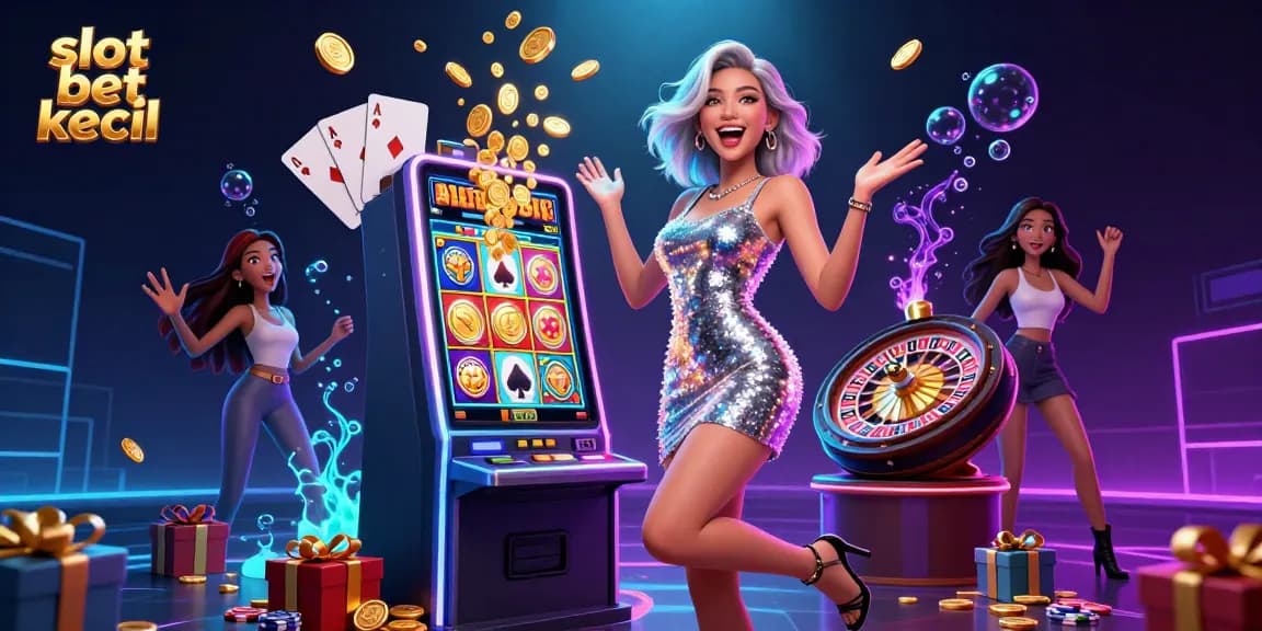Experience slot bet kecil excitement with a stunning Asian woman celebrating a jackpot in a vibrant casino scene.