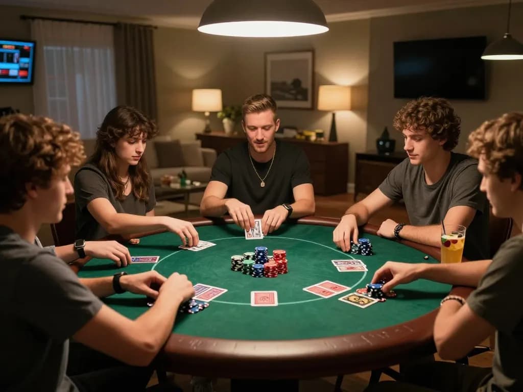 Players enjoying a poker game at home, showcasing nk88 strategies in a friendly atmosphere.