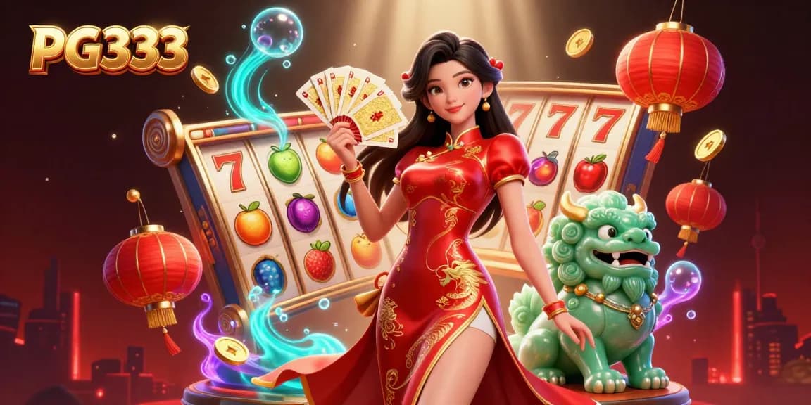 Play slots with PG333 as a woman in traditional attire holds golden cards in a vibrant casino scene.