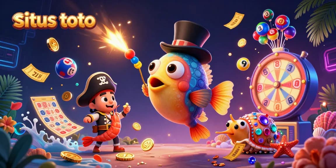Engage with situs toto as colorful lottery balls bounce, featuring an anglerfish with golden coins and a pirate shrimp.