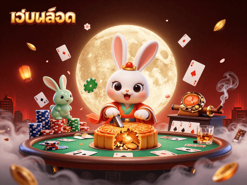 Experience the excitement of เว็บสล็อต with a moon rabbit and card games in a vibrant 3D casino scene.