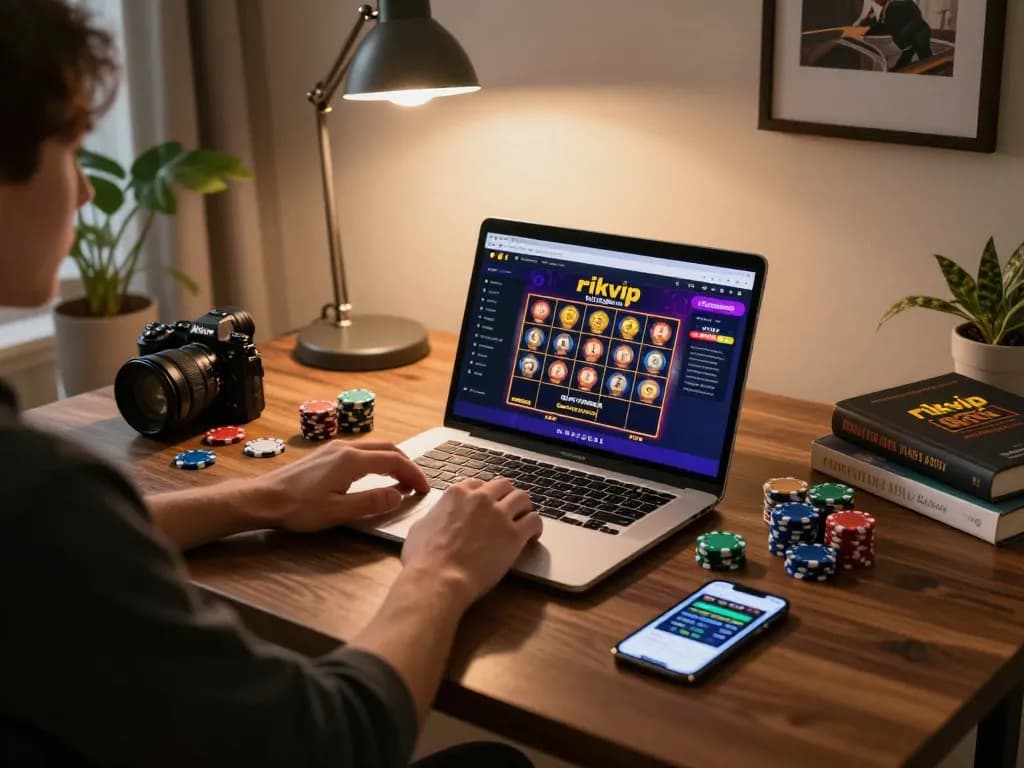 Player engaging in exciting slots gameplay on rikvip with warm home lighting and gaming accessories