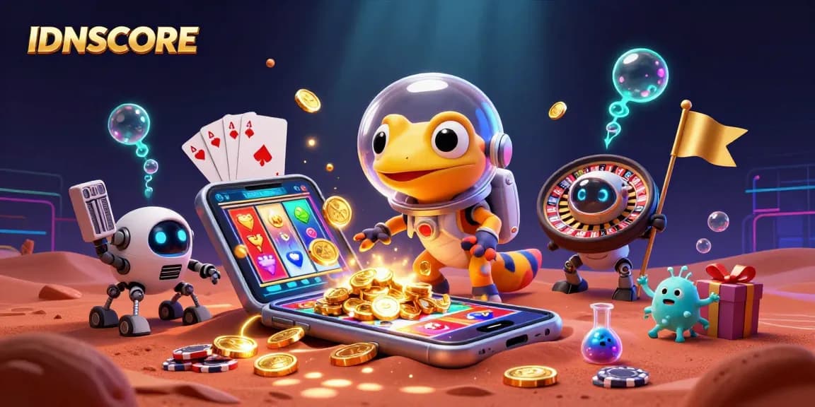 Experience IDNSCORE's vibrant online gaming world with a 3D cartoon Martian gecko discovering a golden casino.