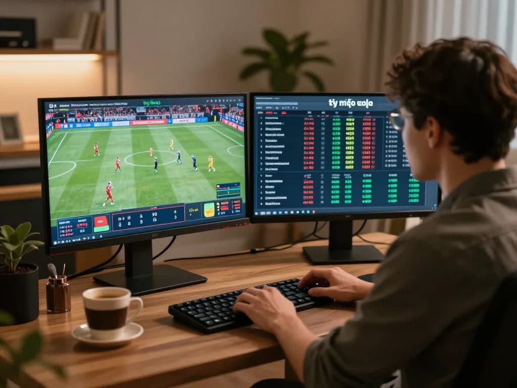 Analyzing tỷ lệ kèo trực tuyến for strategic sports betting in a modern home office.