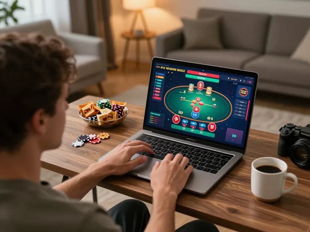 C168 user enjoying online poker in a stylish home office setup, emphasizing responsible gaming.