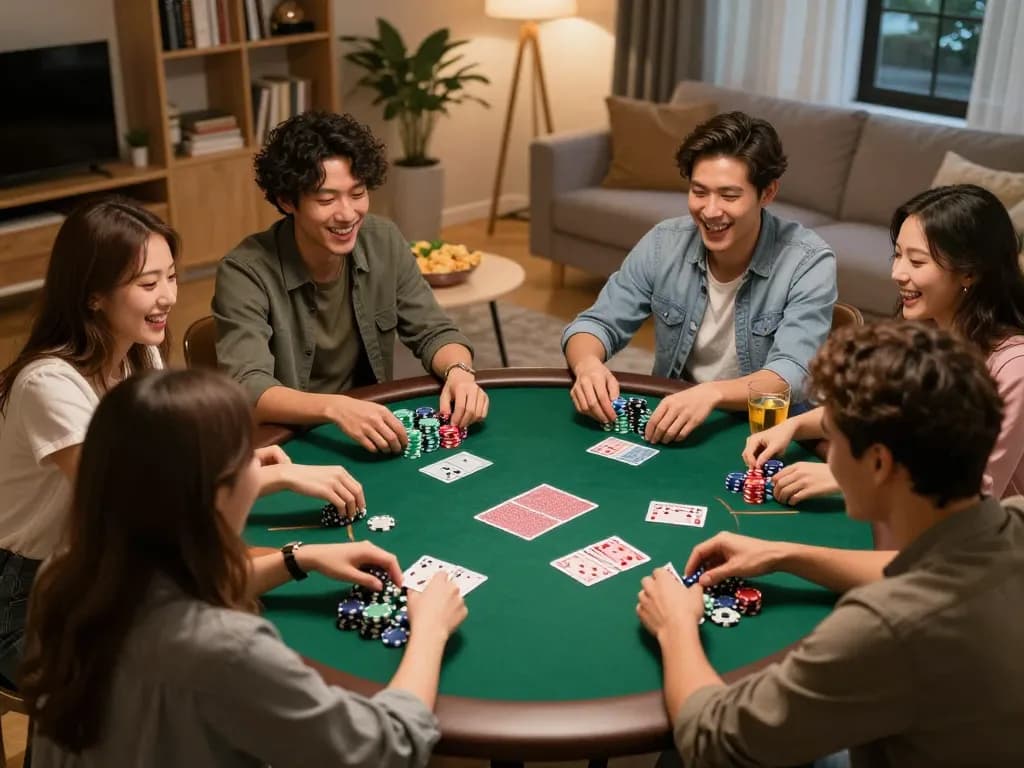 Friends enjoying a lively poker night at home using MK8 for online betting, showcasing chips and cards.