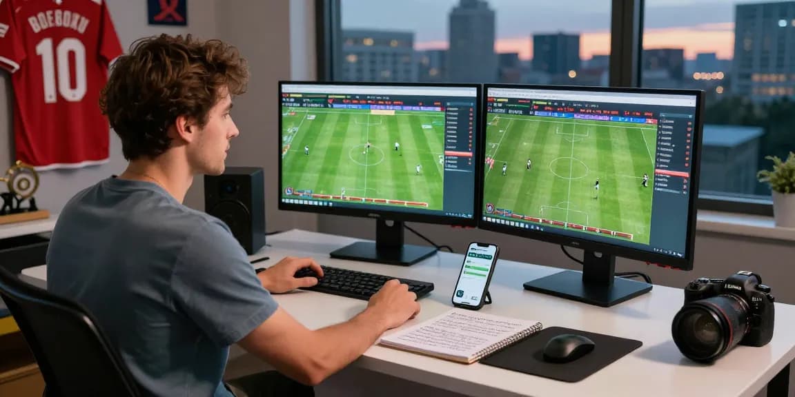 Live betting analysis at https://soikeonhacai.com.co/ featuring a sports analyst with dual monitors displaying football odds and statistics in an energetic atmosphere.