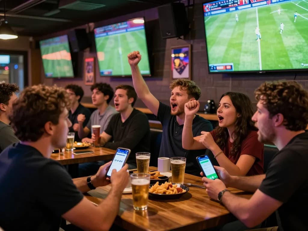Trực tiếp bóng đá enthusiasts betting during an exciting live match, cheers and high energy.