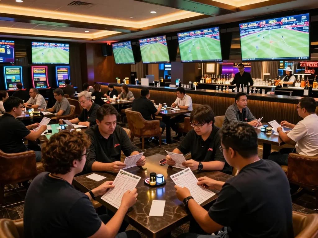 Excited fans betting live at the JUN88 sports lounge, vibrant atmosphere with screens and drinks.