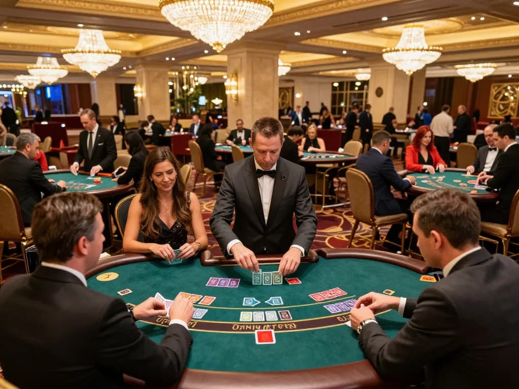 Experience the excitement of lu88 bet with players engaging at blackjack tables in upscale casino setting.