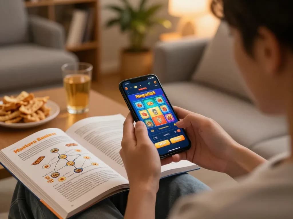 Engaging with Mega 888 gaming on smartphone in a cozy home setting.