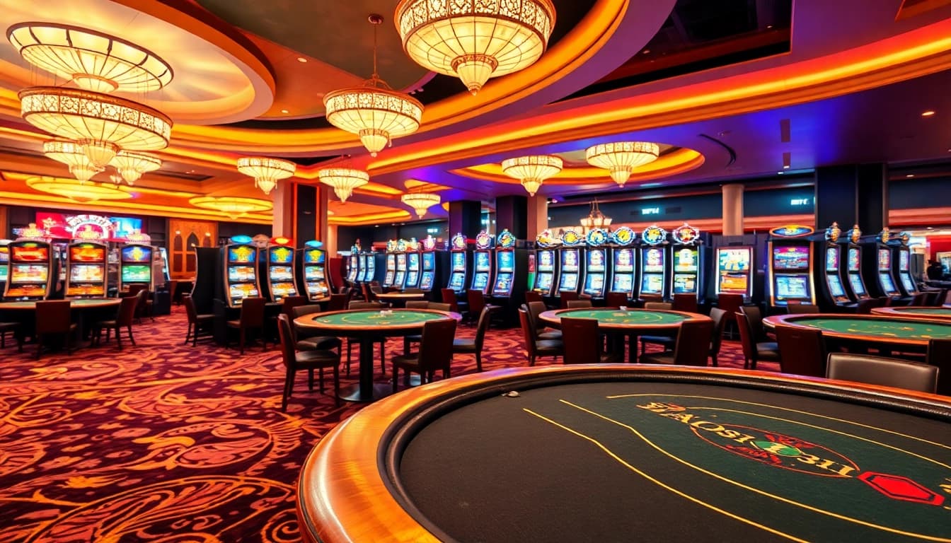 Menangkan permainan di kasino nekototo yang cerah dengan mesin slot dan meja poker.