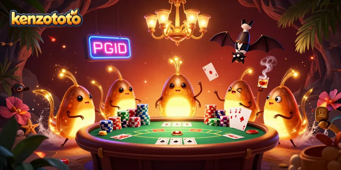 Kenzototo's vibrant casino scene brought to life with glowing creatures, poker elements, and an engaging atmosphere.