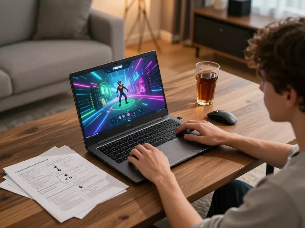 TWIN68 player engaging in online gaming with an inviting home setup and strategy notes