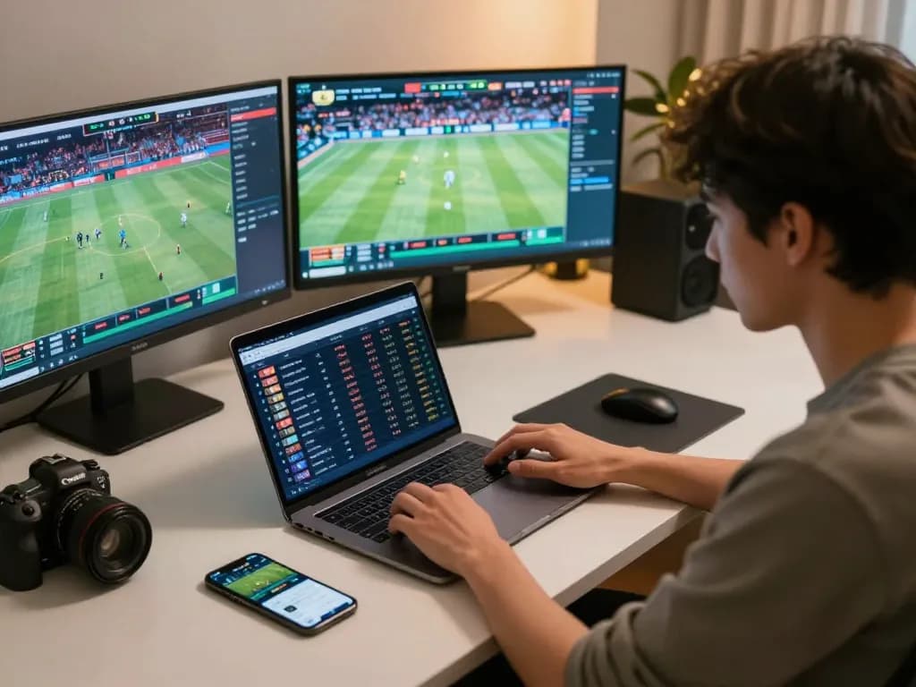 Betting on sports with uu88 app open, analyzing live odds and statistics at home desk
