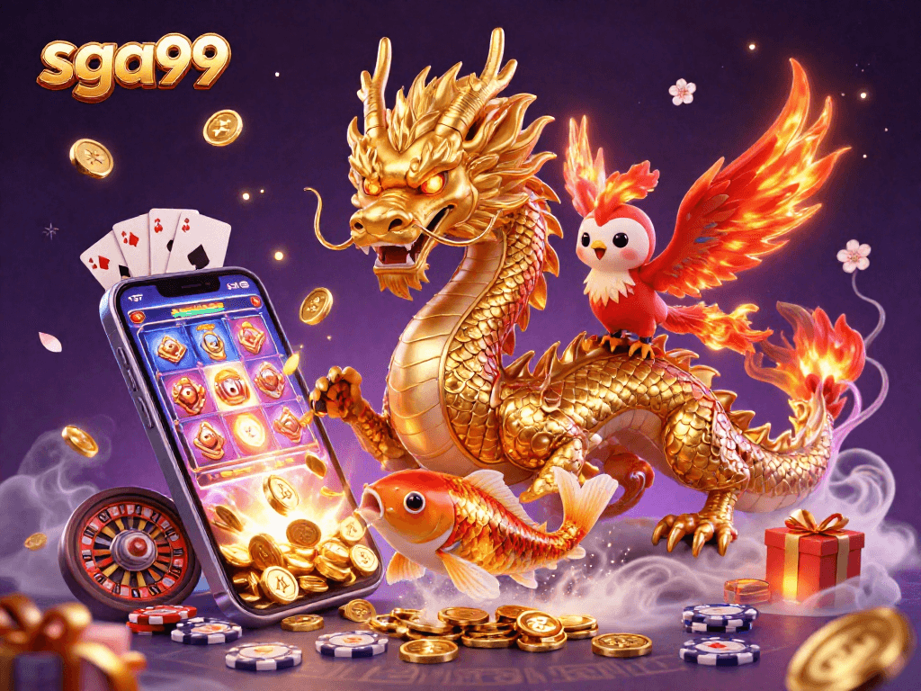 Spin the reels with sga99 featuring a fierce dragon, phoenix, and koi fish in dynamic casino scene.