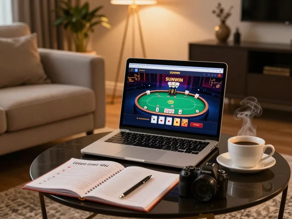 SUNWIN online gaming setup with a laptop showing a poker game, warm ambiance in a cozy living room