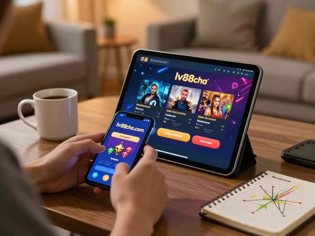 Engaging with lv88cha.com gambling app on tablet in cozy home setting