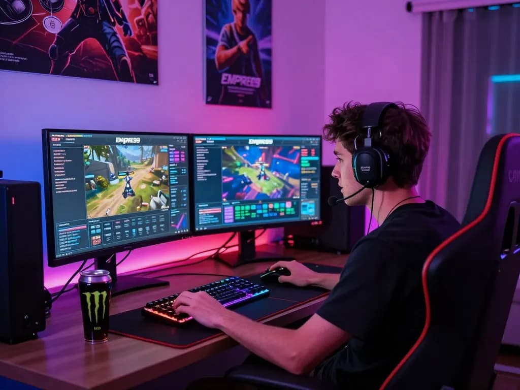 Engaged gamer enjoying Empire99 online gaming with high-tech setup and vibrant LED lighting.
