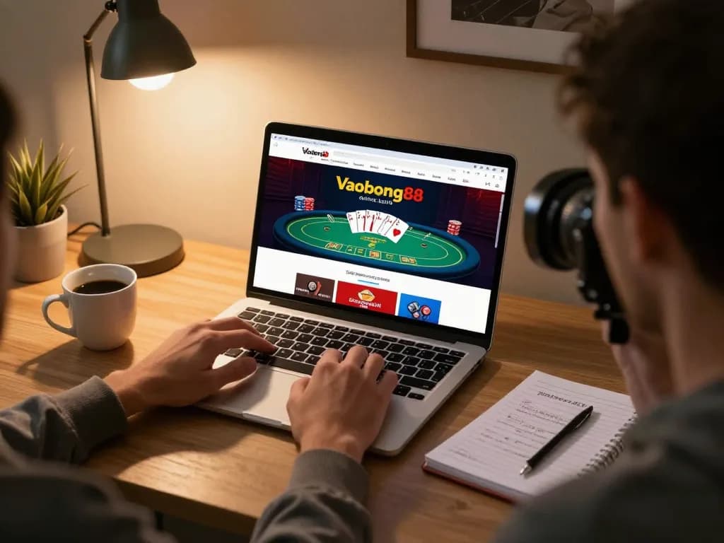 Player engaging with Vaobong88 online casino on a laptop in a cozy home office.