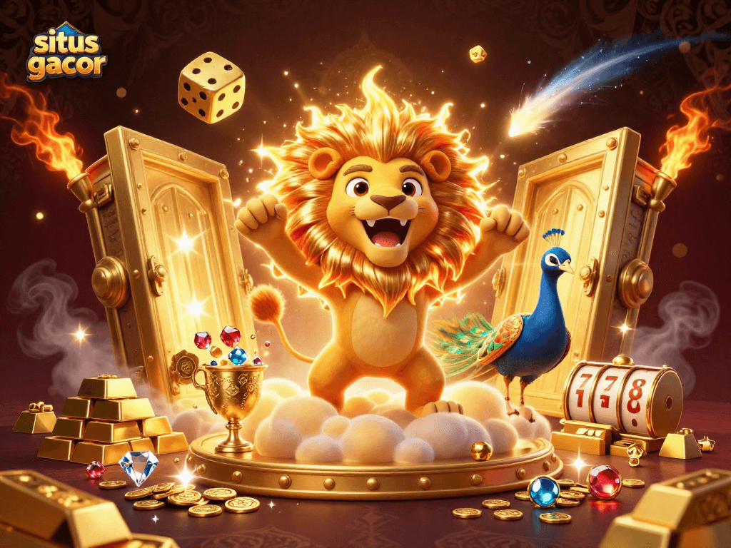 Experience the thrill of situs gacor with a dynamic illustration of a roaring sun lion amidst golden casino treasures.