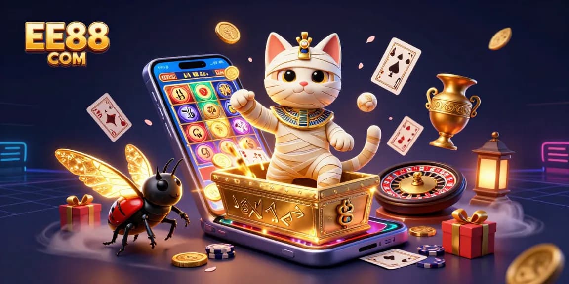 Experience the thrilling atmosphere of EE88 COM with a dynamic 3D casino scene full of excitement.