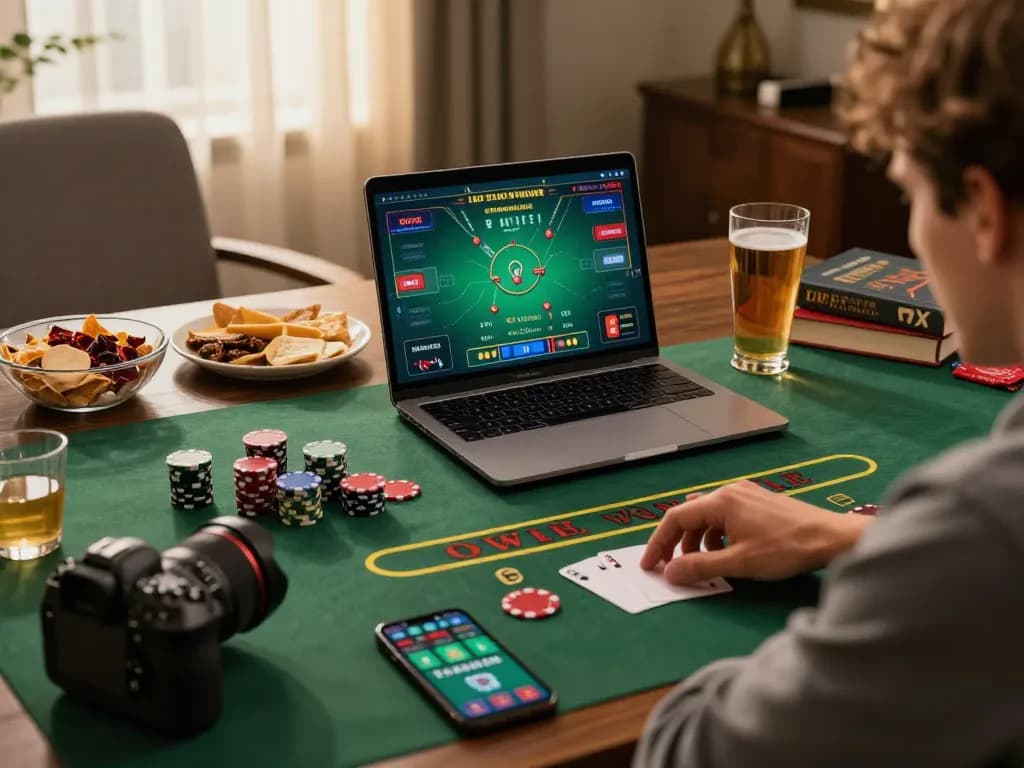 Engaging with 789P online blackjack game, home setup emphasizing strategy and gameplay.