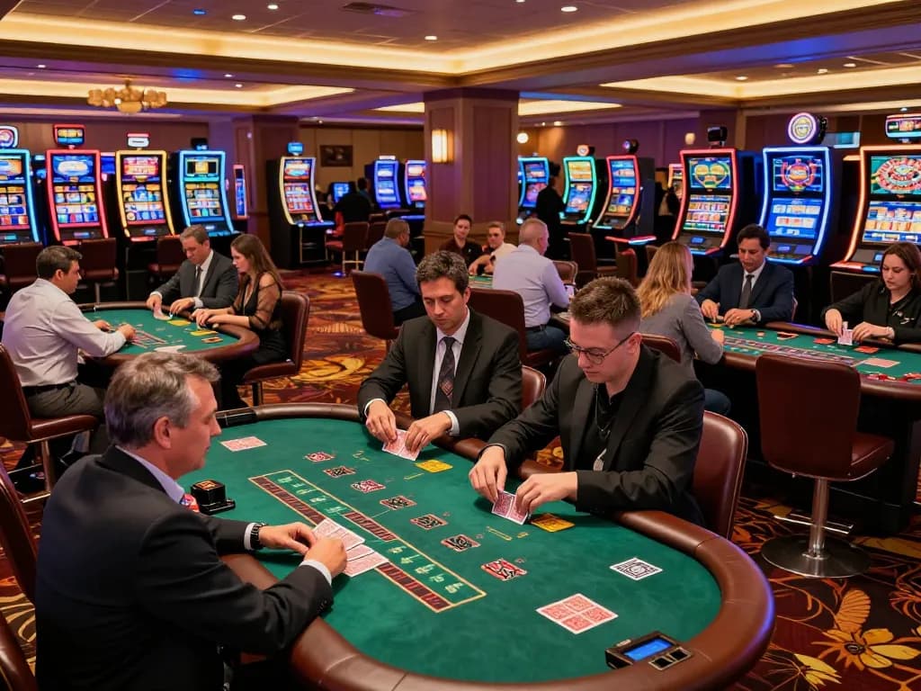 Players engage in strategic blackjack gameplay at a vibrant MB66 casino, showcasing the lively atmosphere.
