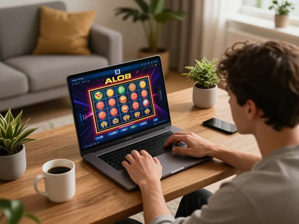 Player engaging with ALO8 on a laptop, showcasing online gambling excitement at home.