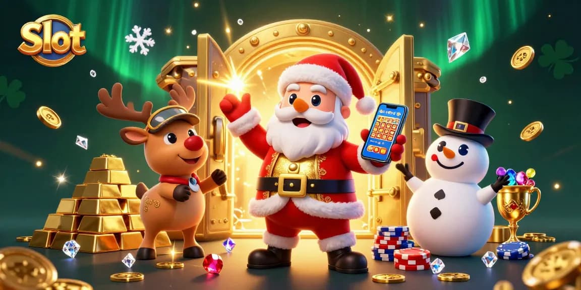 Spin the Slot reels in this vibrant casino scene with Santa and his magical companions.