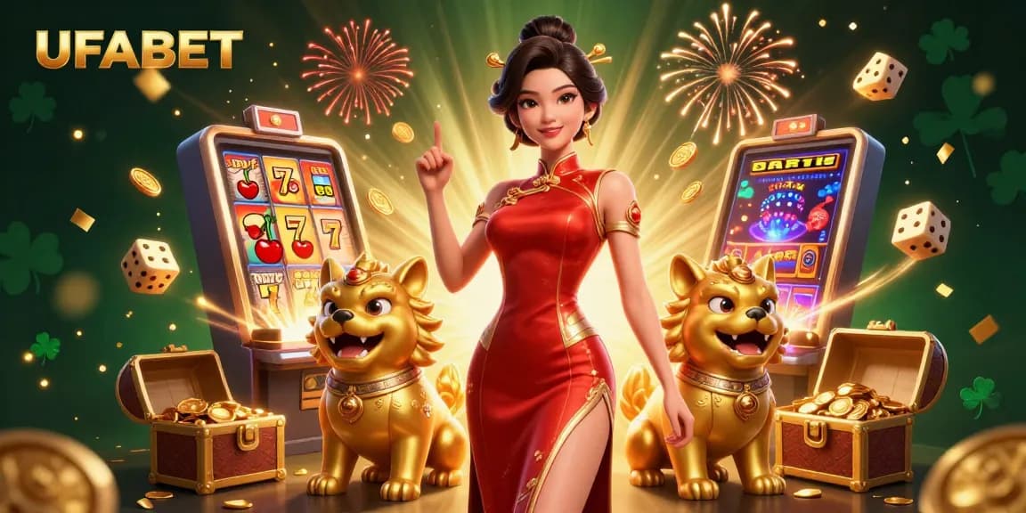 Win big at UFABET with this vibrant casino scene featuring exciting slot action and fireworks!